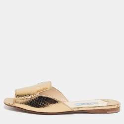 Prada Gold Embossed Python Flat Slides Size 35