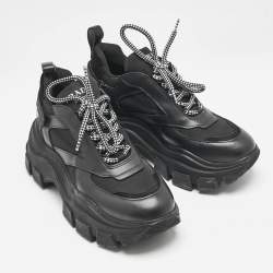 Prada Black Leather Nylon and Leather Pegasus Chunky Sneakers Size 38.5