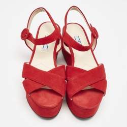 Prada Red Suede Platform Ankle Strap Sandals Size 38