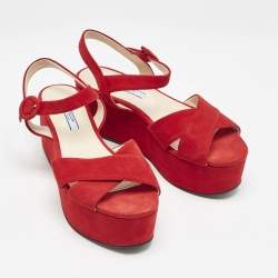 Prada Red Suede Platform Ankle Strap Sandals Size 38