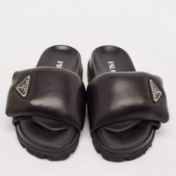 Prada Black Leather Padded Flat Slides Size 36.5