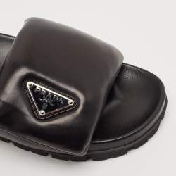 Prada Black Leather Padded Flat Slides Size 36.5