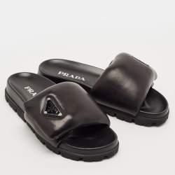 Prada Black Leather Padded Flat Slides Size 36.5
