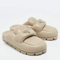 Pre Owned Prada Beige Leather Padded Flat Mules Size 37