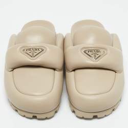 Pre Owned Prada Beige Leather Padded Flat Mules Size 37