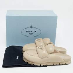 Pre Owned Prada Beige Leather Padded Flat Mules Size 37