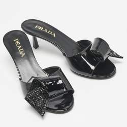 Prada Black Patent Leather and Satin Bow Slide Sandals Size 39