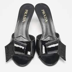 Prada Black Patent Leather and Satin Bow Slide Sandals Size 39