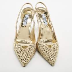مملوكة مسبقًا Prada Gold Satin Crystal Embellished Triangle Logo Slingback Pumps Size 36
