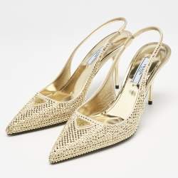 مملوكة مسبقًا Prada Gold Satin Crystal Embellished Triangle Logo Slingback Pumps Size 36