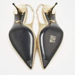 مملوكة مسبقًا Prada Gold Satin Crystal Embellished Triangle Logo Slingback Pumps Size 36