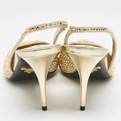 مملوكة مسبقًا Prada Gold Satin Crystal Embellished Triangle Logo Slingback Pumps Size 36