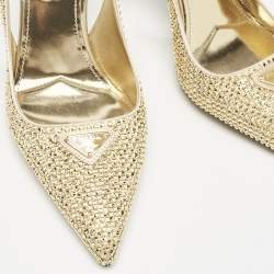 مملوكة مسبقًا Prada Gold Satin Crystal Embellished Triangle Logo Slingback Pumps Size 36
