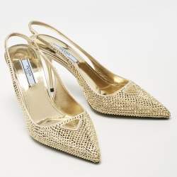مملوكة مسبقًا Prada Gold Satin Crystal Embellished Triangle Logo Slingback Pumps Size 36