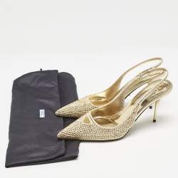 مملوكة مسبقًا Prada Gold Satin Crystal Embellished Triangle Logo Slingback Pumps Size 36
