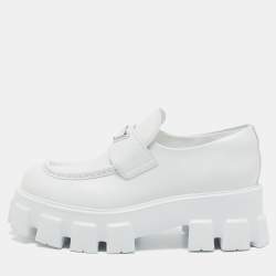 Prada White Leather Monolith Triangle Logo Loafers Size 39