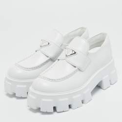 Prada White Leather Monolith Triangle Logo Loafers Size 39