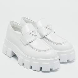 Prada White Leather Monolith Triangle Logo Loafers Size 39