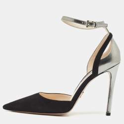 مملوكة مسبقًا Prada Black/Silver Suede and Leather Ankle Strap Pumps Size 39.5