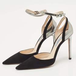 مملوكة مسبقًا Prada Black/Silver Suede and Leather Ankle Strap Pumps Size 39.5