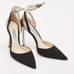 مملوكة مسبقًا Prada Black/Silver Suede and Leather Ankle Strap Pumps Size 39.5