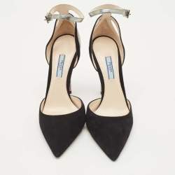 مملوكة مسبقًا Prada Black/Silver Suede and Leather Ankle Strap Pumps Size 39.5