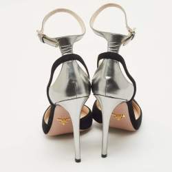 مملوكة مسبقًا Prada Black/Silver Suede and Leather Ankle Strap Pumps Size 39.5