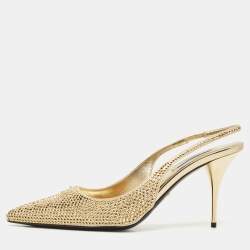 Pre Owned Prada Gold Satin Crystal Embellished Cleo Slingback Pumps Size 40