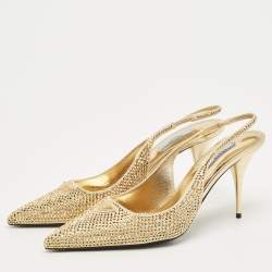 Pre Owned Prada Gold Satin Crystal Embellished Cleo Slingback Pumps Size 40