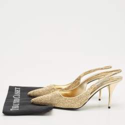 Pre Owned Prada Gold Satin Crystal Embellished Cleo Slingback Pumps Size 40
