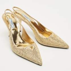 Pre Owned Prada Gold Satin Crystal Embellished Cleo Slingback Pumps Size 40
