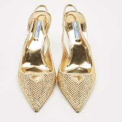 Pre Owned Prada Gold Satin Crystal Embellished Cleo Slingback Pumps Size 40