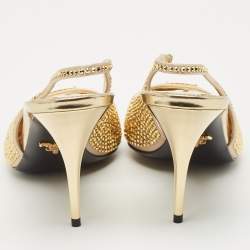 Pre Owned Prada Gold Satin Crystal Embellished Cleo Slingback Pumps Size 40