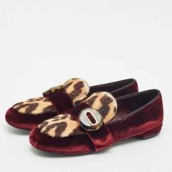 Prada Burgundy/Brown Velvet and Calf Hair Slip On Loafers Size 40