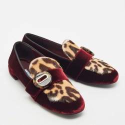 Prada Burgundy/Brown Velvet and Calf Hair Slip On Loafers Size 40