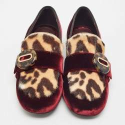 Prada Burgundy/Brown Velvet and Calf Hair Slip On Loafers Size 40
