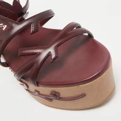 Prada Burgundy  Leather Wedge Ankle Strap Sandals Size 37.5