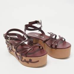Prada Burgundy  Leather Wedge Ankle Strap Sandals Size 37.5