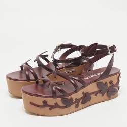 Prada Burgundy  Leather Wedge Ankle Strap Sandals Size 37.5
