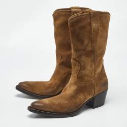 Pre Owned Prada Brown Suede Cowboy Boots Size 37