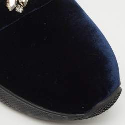 Pre Owned Prada Navy Blue Velvet Crystal Embellished Slip On Sneakers Size 38.5