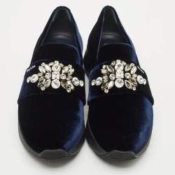 Pre Owned Prada Navy Blue Velvet Crystal Embellished Slip On Sneakers Size 38.5