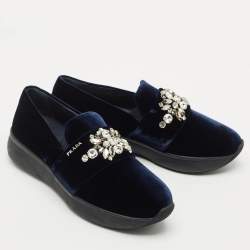 Pre Owned Prada Navy Blue Velvet Crystal Embellished Slip On Sneakers Size 38.5