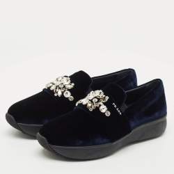 Pre Owned Prada Navy Blue Velvet Crystal Embellished Slip On Sneakers Size 38.5