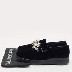Pre Owned Prada Navy Blue Velvet Crystal Embellished Slip On Sneakers Size 38.5