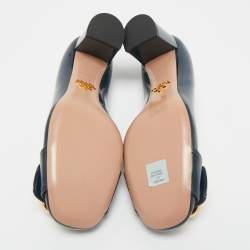 Pre Owned Prada Navy Blue Patent Leather Buckle Block Heel Pumps Size 36.5
