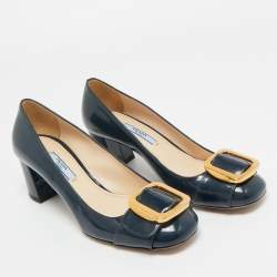 Pre Owned Prada Navy Blue Patent Leather Buckle Block Heel Pumps Size 36.5