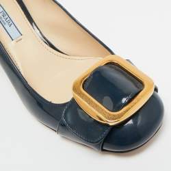 Pre Owned Prada Navy Blue Patent Leather Buckle Block Heel Pumps Size 36.5