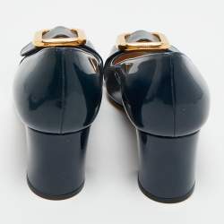 Pre Owned Prada Navy Blue Patent Leather Buckle Block Heel Pumps Size 36.5