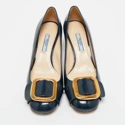 Pre Owned Prada Navy Blue Patent Leather Buckle Block Heel Pumps Size 36.5